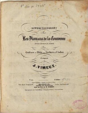 Divertissement Sur Les Diamans de la Couronne : opera de D. F. E. Auber ; pour guitare et flûte ou guitare et violon