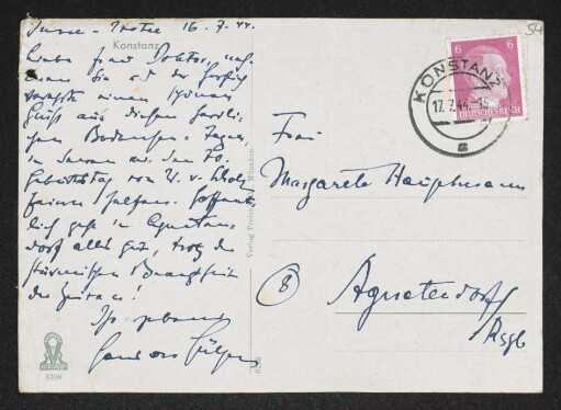 Brief von Hans von Hülsen an Margarete Hauptmann