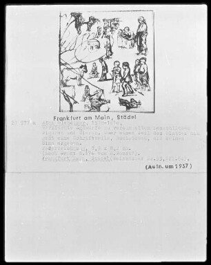 Studienblatt mit vielen kleinen Figuren, einem Reiter und zwei Kühen
