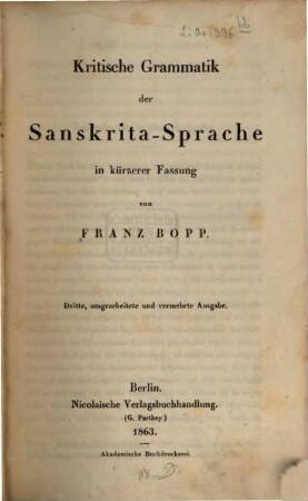 Kritische Grammatik der Sanskrita-Sprache : in kürzerer Fassung
