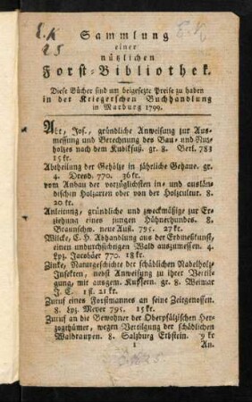 1-20, Sammlung einer nützlichen Forst-Bibliothek.