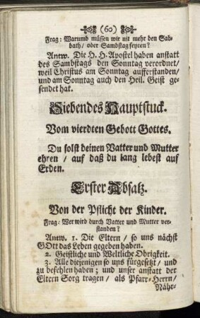 Siebendes Hauptstuck. Vom vierdten Gebott Gottes. Du solst deinen Vatter und Mutter ehren, auf daß du lang lebest auf Erden