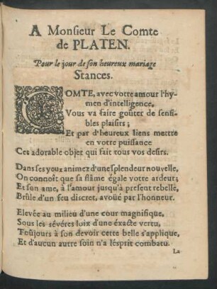 A Monsieur Le Comte de Platen. Pour le jour de son heureux mariage