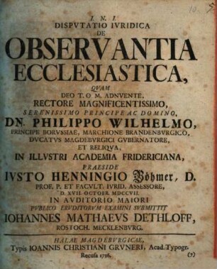 Dispvtatio Ivridica De Observantia Ecclesiastica