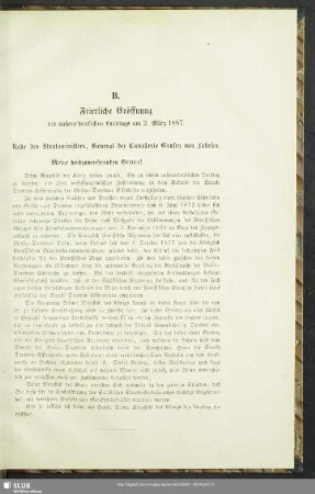 B. Feierliche Eröffnung des außerordentlichen Landtags am 2. März 1887