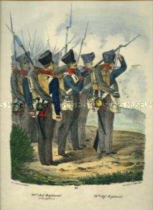 Uniformdarstellung, Unteroffizier des 20. Infanterie-Regiments, Infanteristen des 24. Infanterie-Regiments, Preußen 1830. Aus: Elzholz u.a.: Das Preussische Heer. Tafel 32.