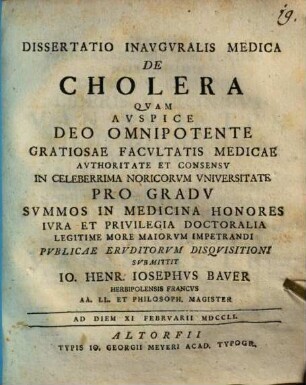 Dissertatio Inavgvralis Medica De Cholera