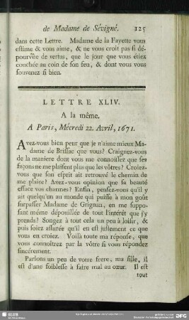 Lettre XLIV. A la même. A Paris, Mécredi 22. Avril, 1671