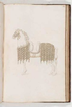 Pferd mit prunkvollem Prachtreitzeug, Kopfschmuck und Sattel, in: Equestrium statuarum [...] formae [...] artificiosissime pictis, Bl. 68
