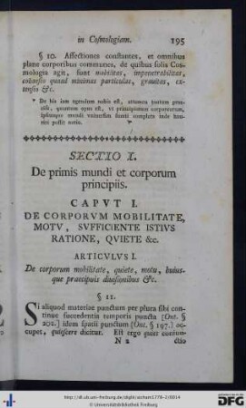 Sectio I. De primis mundi et corporum principiis.