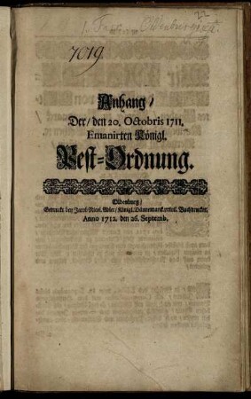 Anhang' Der, den 20. Octobris 1711, Emanirten Königl. Pest-Ordnung