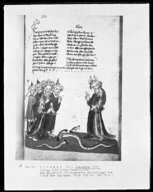 Auszug biblischer Geschichten — Aarons Schlangenstab verschlingt die Stäbe der Zauberer, Folio 97recto