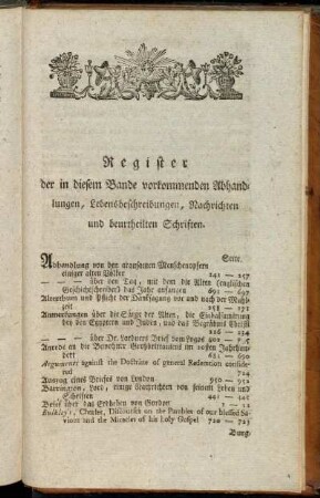 Register der in diesem Bande vorkommenden Abhandlungen, Lebensbeschreibungen, Nachrichten und beurtheilten Schriften.