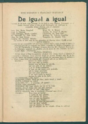 De igual y igual : escenas de la mala vida porteña, en un acto y tres cuadros