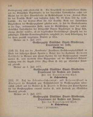 110. Ministerial-Bekanntmachung, den Wechsel in der Haupt-Agentur der "Providentia" Frankfurter Versicherungsgesellschaft betreffend