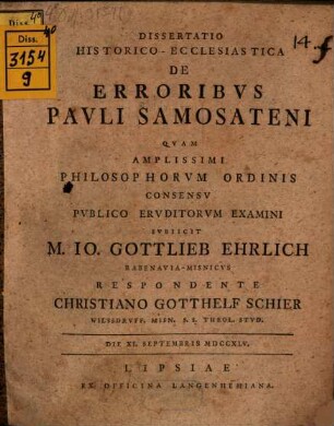 Dissertatio Historico-Ecclesiastica De Erroribvs Pavli Samosateni
