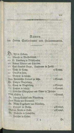 Namen der Herren Subscribenten und Pränumeranten