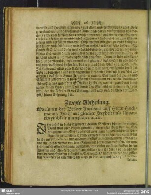 Zweyte Abtheilung. Worinnen der Brüder Antwort auff Herrn Hochmanns Brief mit gleicher Freyheit und Unpartheylichkeit untersuchet wird