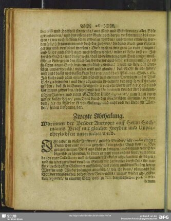 Zweyte Abtheilung. Worinnen der Brüder Antwort auff Herrn Hochmanns Brief mit gleicher Freyheit und Unpartheylichkeit untersuchet wird