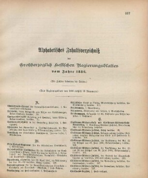 Alphabetisches Inhaltsverzeichniß des Großherzoglich Hessischen Regierungsblattes vom Jahre 1886