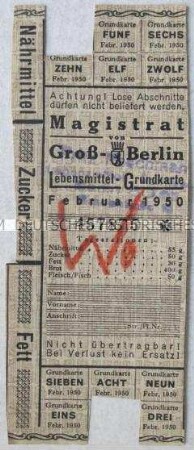 Lebensmittelkarte des Magistrats von Groß-Berlin 1950 mit rückseitiger Propaganda für die Planerfüllung