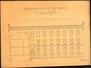 Gewerbeschule, Brieg: Aufriss Vorderansicht, Querschnitt des Flügels, Maßstabsleiste 1:72