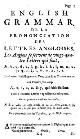De la Prononciation des Lettres Angloises.