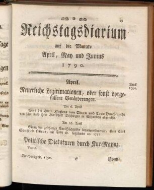 Reichstagsdiarium auf die Monate April, May und Junius 1790.