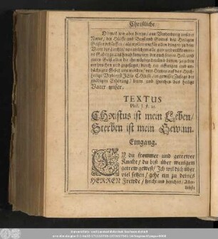 Textus Phil. 1. v. 21. Christus ist mein Leben/ Sterben ist mein Gewinn.