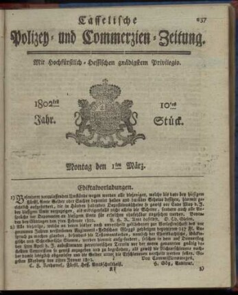 10tes Stueck, Montag den 1ten Maerz 1802