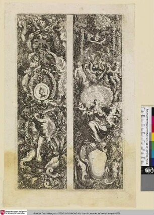 [Zwei Prospekte, links mit Herkules im Kampf mit der Hydra; Au bas du projet de droite, un petit vase de fleurs dans un ovale]