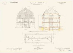Kadettenhaus der Garnison Potsdam Ergänzungsbauten: Dienstwohngebäude Nr. 2:Grundriss Dachaufsicht, Aufriss Ostansicht, Querschnitt 1:100