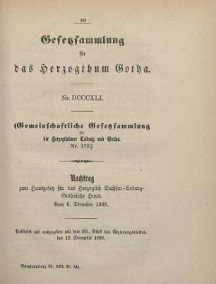 841. Nachtrag zum Hausgesetz für das Herzoglich Sachsen-Coburg-Gothaische Haus; vom 6. December 1866