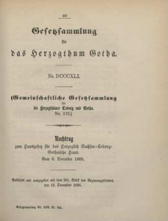 841. Nachtrag zum Hausgesetz für das Herzoglich Sachsen-Coburg-Gothaische Haus; vom 6. December 1866