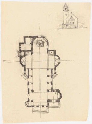 St. Antonius Einsiedler (mit Pfarrhaus), Heggen Erweiterung: Grundrissskizze und Ansicht