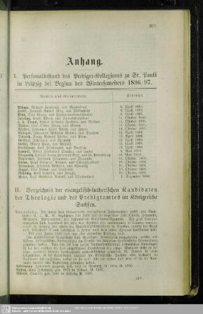 II. Verzeichnis der evangelisch-lutherischen Kandidaten der Theologie und des Predigtamtes im Königreiche Sachsen