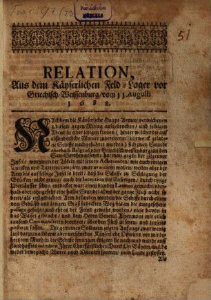 Relation aus dem ... Feldlager vor Grichisch-Weissenburg vom 11. Aug. 1688