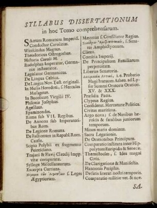 Syllabus Dissertationum in hoc Tomo comprehensarum