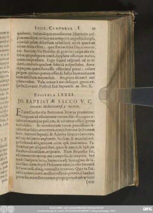 Epistola LXXXI. Io. Baptistae Sacco V. C. Senatui Mediolanensi à - Secretis.