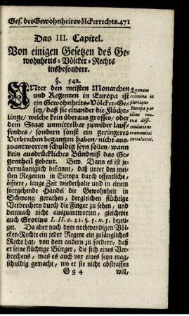 Das III. Capitel. Von einigen Gesetzen des Gewohnheits-Völcker-Rechts insbesondere.