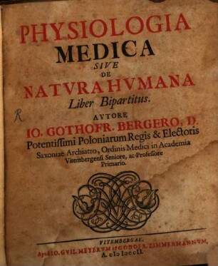 Physiologia Medica Sive De Natvra Hvmana Liber Bipartitus