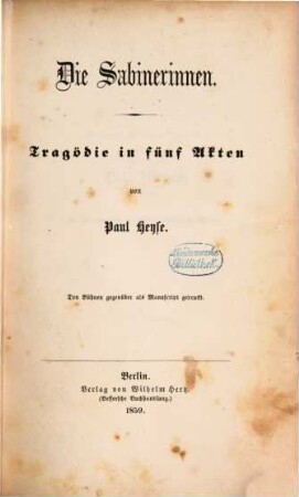 Die Sabinerinnen : Tragödie in fünf Akten