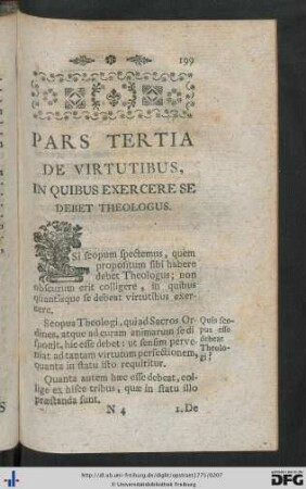 Pars Tertia. De Virtutibus, In Quibus Exercere Se Debet Theologus.