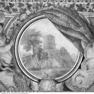 Szenen aus der Geschichte von Johannes dem Täufer und Landschaften, Felslandschaft mit Wehrturm