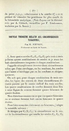 Nouveau théorème relatif aux circonférences tangentes.