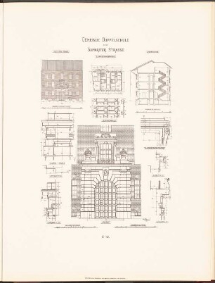 Gemeindeschule Samariterstraße, Berlin: Grundriss, Ansicht, Schnitte, Details Lehrerwohnhaus (aus: Neubauten der Stadt Berlin, Bd. IV, 1905)