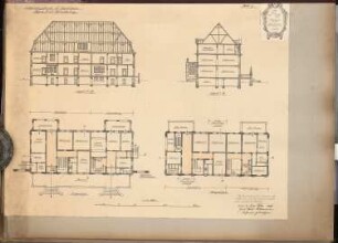 Erziehungsheim Schinkelwettbewerb 1909: Lehrerwohngebäude mit Schülerheim, Typus A mit Vertikalteilung. Schnitte, Grundrisse 1:150