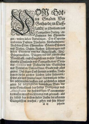 Von Gottes Gnaden Wir Gothardt/ in Liefflandt/ zu Churlandt und Semigallien Hertzog ...