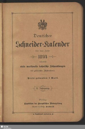 8.1894: Deutscher Schneider-Kalender : auf das Jahr ...