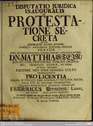 Disputatio Juridica Inauguralis De Protestatione Secreta